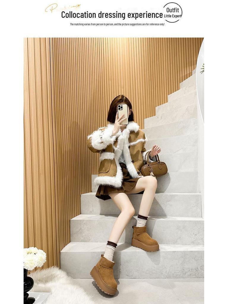 Women's 2024 Warm Leather Snow Boots - Small Size, Low-Top, Non-Slip, Thick-Soled, Height-Enhancing, Plush Winter Short Boots