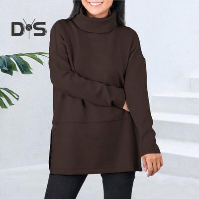 Women Sweatshirt Half-high Collar Slit Hem Solid Color Thick Plus Size Clothes Long Sleeve Pure Color Pullover Keep Warm Daily Top for Commuting