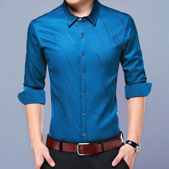 Fashion Men Long Sleeve Turn Down Collar Letters/Stripes Print Buttons Shirt Top