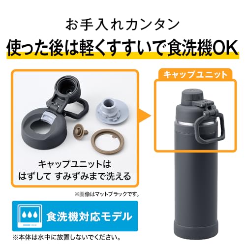 Thermos Water Bottle Vacuum Insulated Sports 1.5L Matte Black Handle Convenient Carry Loop Direct Drinking Removable Mouthpiece Easy Cleaning Only