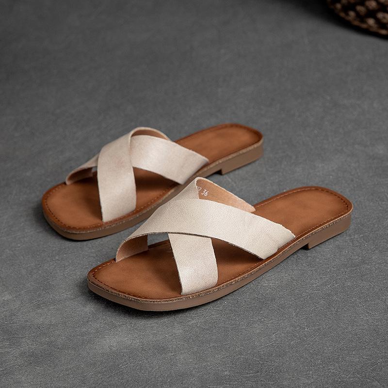 Fashion 1.5CM Literary Style Women Flat Slippers Summer Cross Genuine Cow Leather Open Toe Slip On Slippers Low Heel Casual Slides