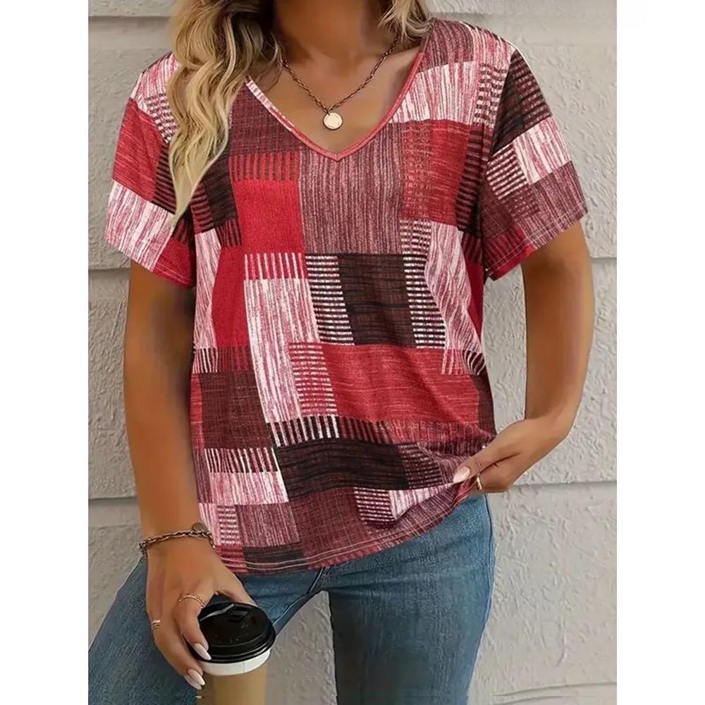Summer Women Grid Stripe V Neck Casual Fashion Tops Comfortable Loose Short Sleeve Female T-shirt