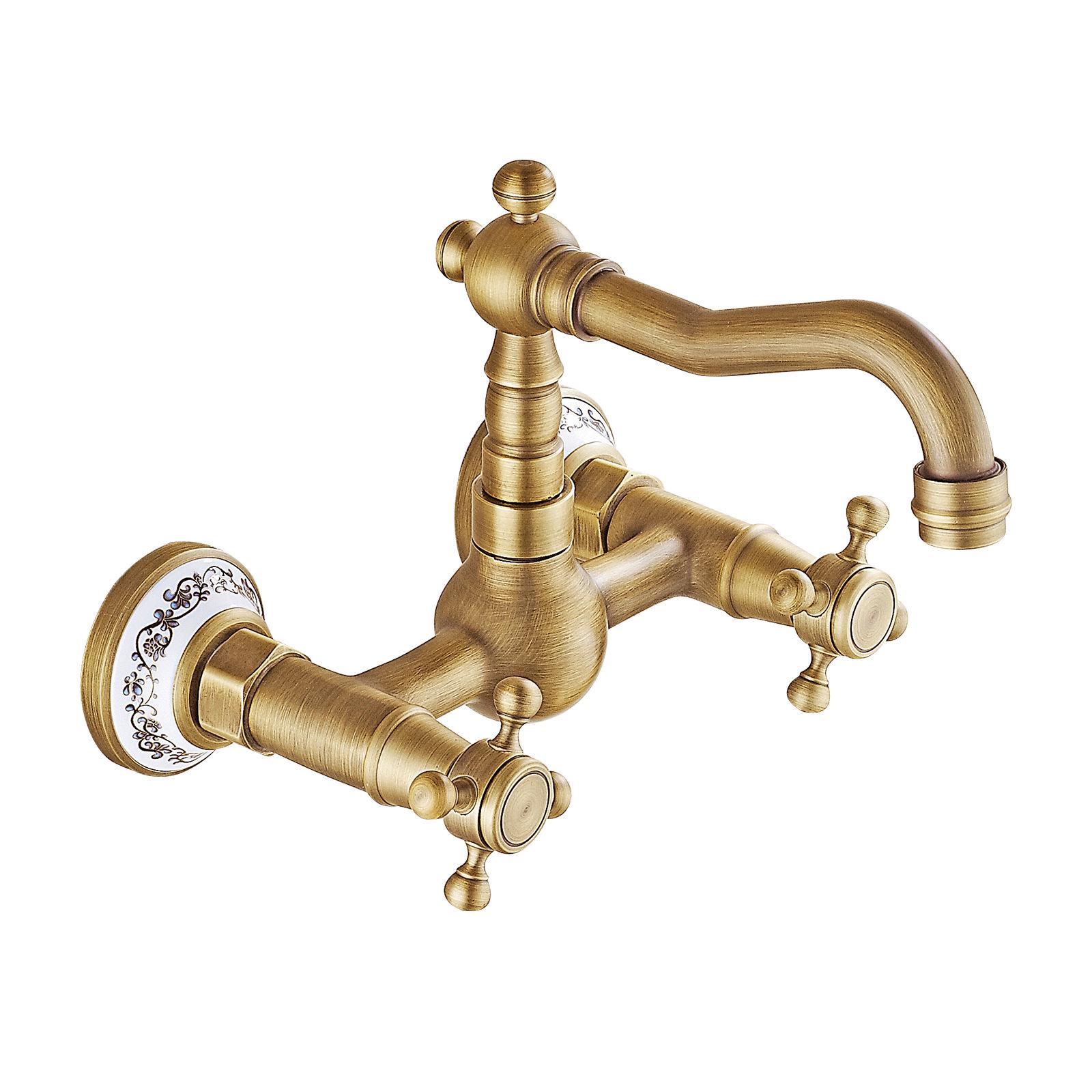 

Antique Brass Ceramic Wall-Mounted Bathroom Faucet with Rotating Anti-Splash Feature for Hot and Cold Water