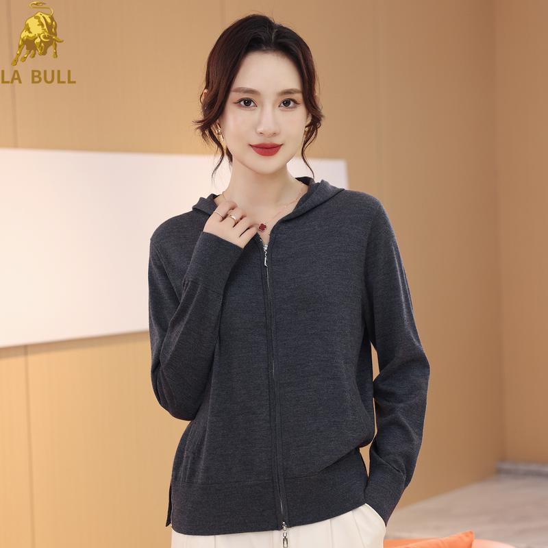 

LA BULL Women s Hooded 100% Wool Zipper Cardigan L