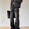 Mens Washed Distressed Slim Fit Straight Leg Jeans Black Cotton Mid-Rise Streetwear Casual Pants