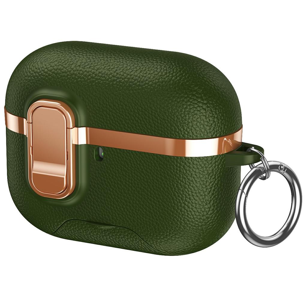 For AirPods Pro Case Foldable Stand Electroplated Litchi Texture TPU PC Earbuds Cover with Switch / Carabiner