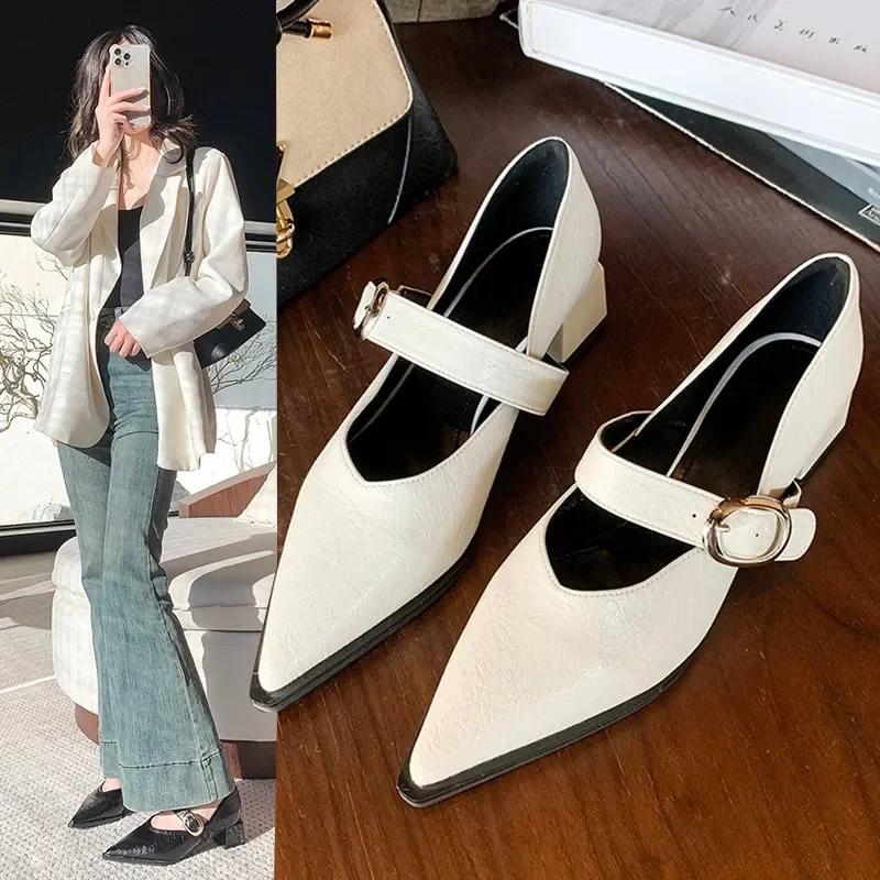 Fashion 2025Spring Women's Heeled Single Shoes Fashionable Mid-heel Gold Buckle  Jane Shoes  Pointed Toe Boat Shoes Zapatos Mujer