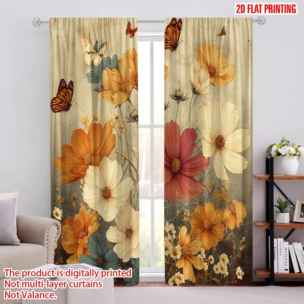 

2pcs,2D plane printing Curtain Popular Butterfly Blooms Polyester Easy Install (without rod) Holiday Ldeal for Living Room, 52.50 × 116.00 cm 2 pcs