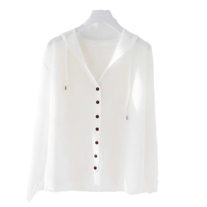 Ice Silk Knitted Cardigan Women's Coat Hooded Lace Up Sun Protection Jacket Shawl Spring and Summer Thin Style Solid Color Loose Fit