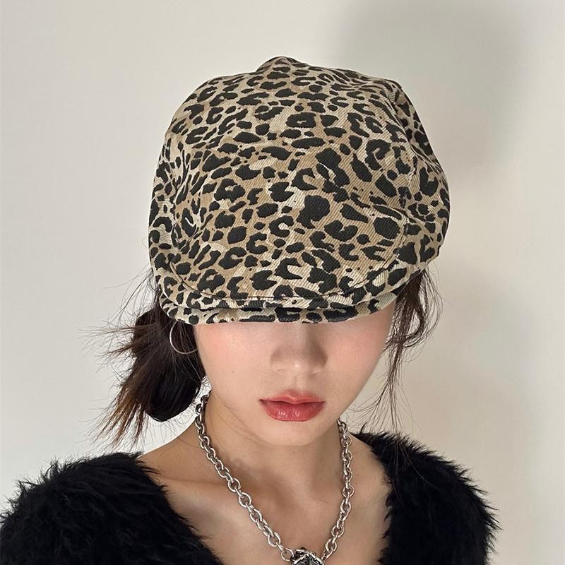 Retro Leopard Berets for Women Girl Korean Y2K Beret Cap Fashion Personality Vintage Painter Cap Casual Sunshade Forward Cap Vintage Painter Cap