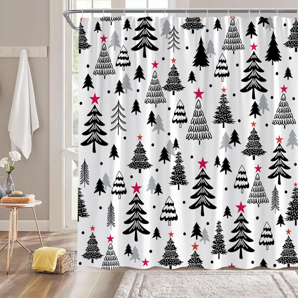 Christmas Tree Shower Curtain Blue Cute Xmas Tree Stars Cartoon Winter Holiday Merry Christmas New Year Bathroom Decor