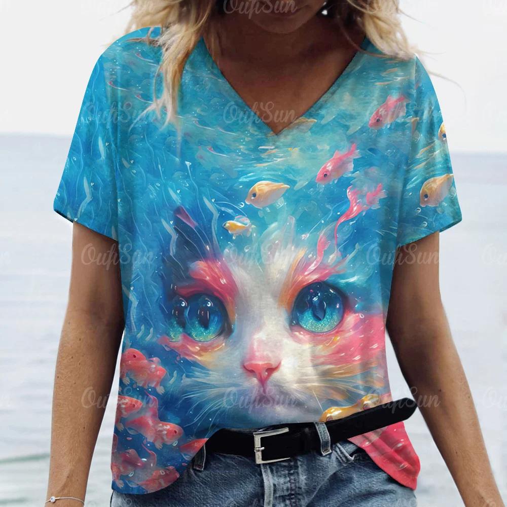 Summer Women Cute Cat T-shirt Fashion Trend V-Neck Tops Tees Female Casual Stylish Short Sleeve Clothing Ladies Vintage Outfit