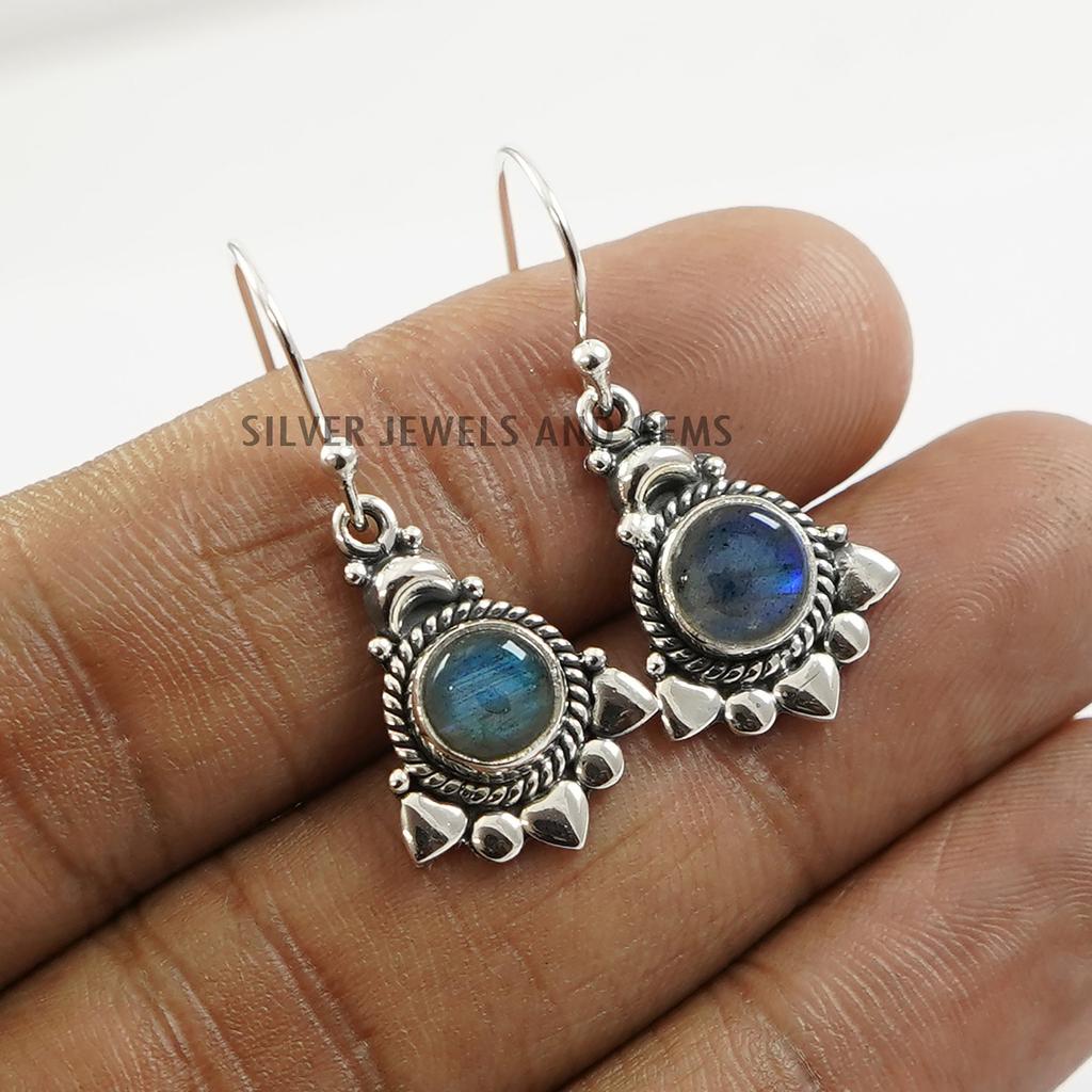 Labradorite Gemstone Earrings: Round Sterling Silver Boho Earrings