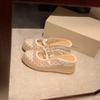 Sheepskin Version~ Polka Dot Bow Mesh Straw Woven Sandals Women's Summer Mesh Thick-soled Half-slippers Wedge Heel High-heeled Sandals