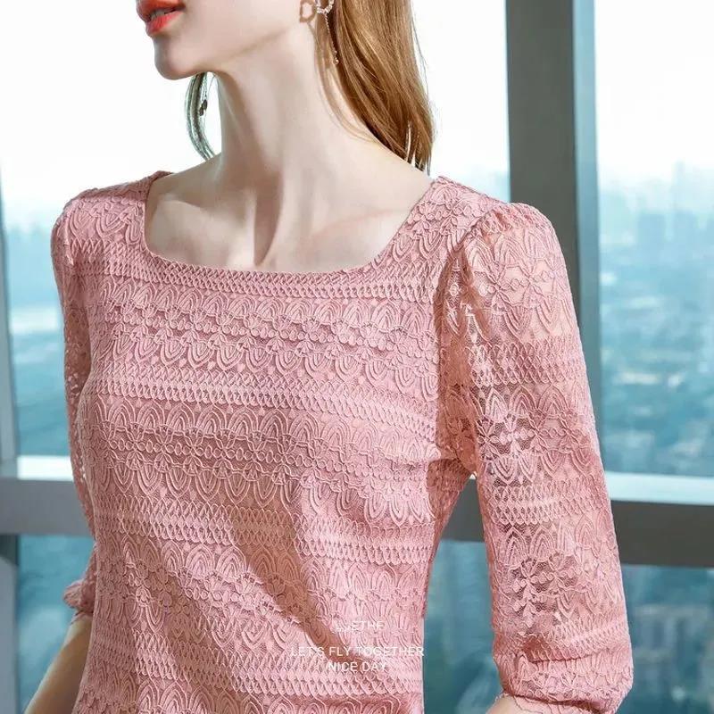 Lace Bottoming Shirt Women's Spring Three-quarter Sleeves A Word Collar Hollow Air Quality Crochet Small Shirt Slim Top