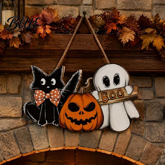 Rustic Pumpkin Wall Plaque Halloween Wooden Door Sign Ghost Boo Black Cat Welcome Hanging Ornament Sign for Trick or Treat Party Indoor Outdoor Porch