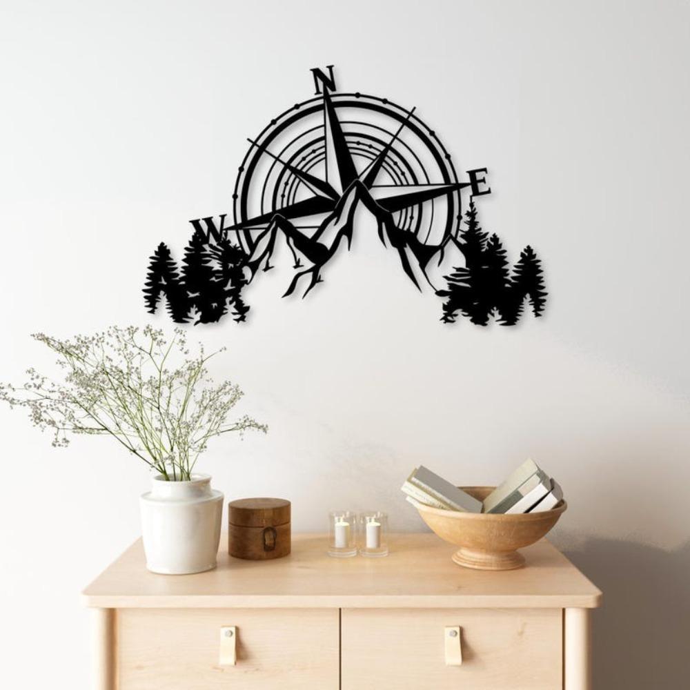 Metal Compass Wall Art, Mountain Scene, Farmhouse Decor, Rustic Compass Metal Sign, Outdoor Garden Ornament
