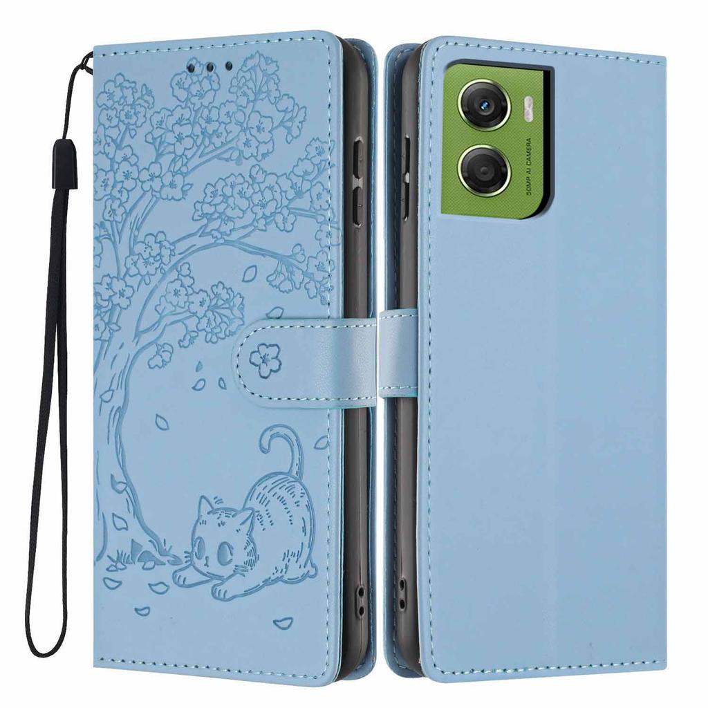 For Motorola Moto G06 4G/G06 Power 4G Stand Case Tree-and-Cat Pattern PU Leather Wallet Protective Phone Cover with Wrist Strap