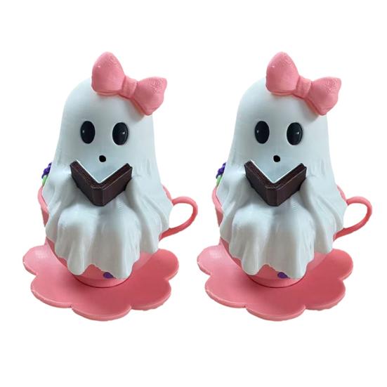 1/2Pcs Halloween Reading Ghost Figurine Pink Teacup Ghost Statue Resin Sculpture Home Office Holiday Party Desktop Decoration Ornament