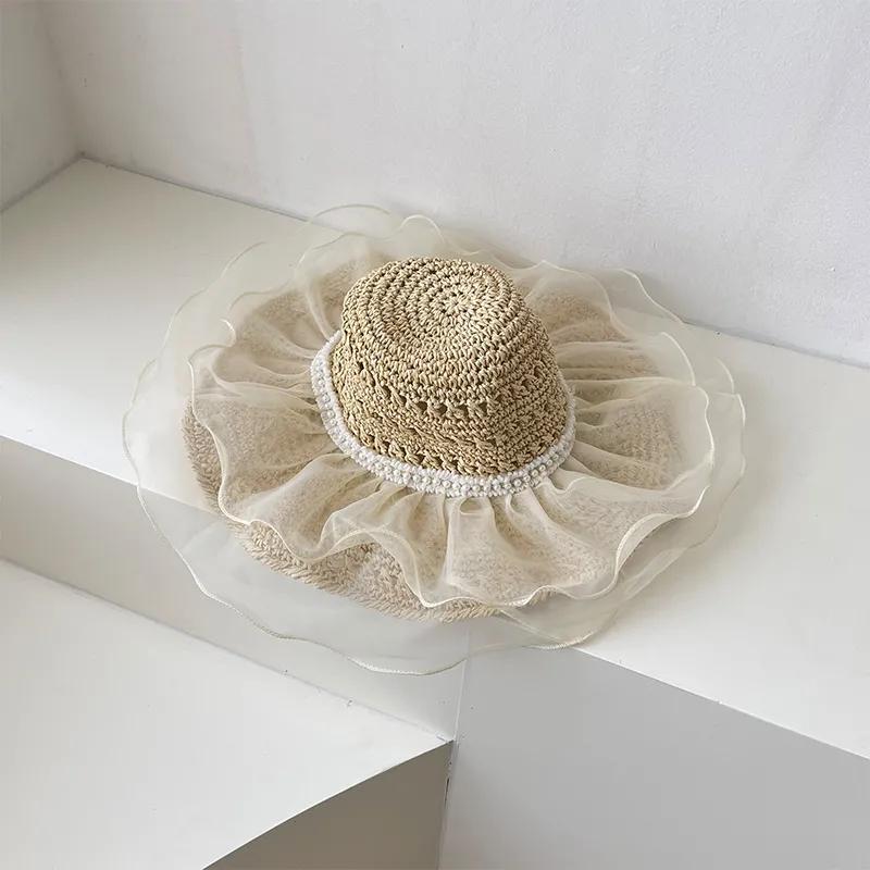 WTEMPO Khaki Beige Ins Elegant Lace Straw Hats with Large Brim Women Summer Vacation Beach Seaside Pearls Mesh Sun Hats