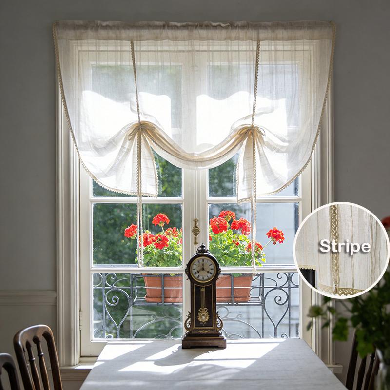 Bohemian Hol Kant Verstelbare Strik Tule Gordijn Retro Gestreept Imitatie Linnen Semi Transparant Gordijn Voor Woonkamer Slaapkamer W100 x H100cm 1Piece&Special Rod Pocket