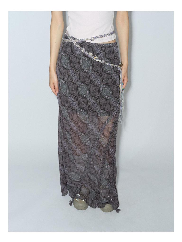 [Shishi] Women's Geometric Print Bias-Cut Long Dress with Ruffle Trim V8039