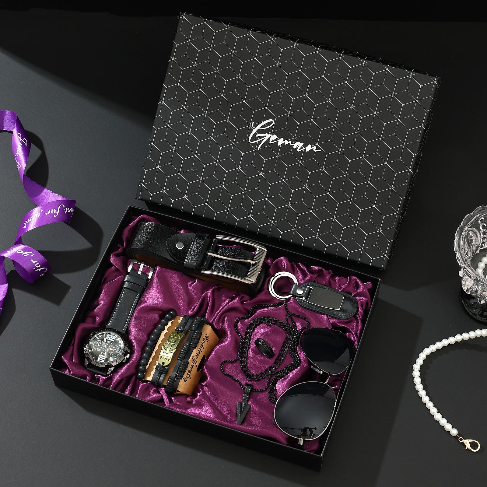 Men s Business Gift Set Valentine s Day Gift Belt Wallet Sunglasses Watch Set 1 чёрный