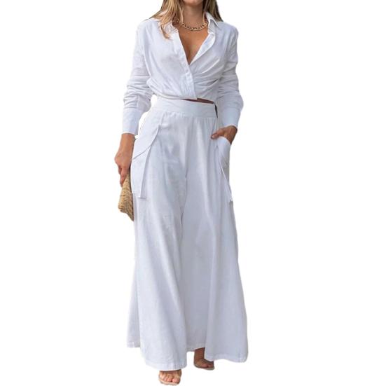 Women's 2 Piece Outfits Casual Long Sleeve Lapel V Neck Crop Shirts Wide Leg Pant Matching Set Fall Spring Travel Lounge Set