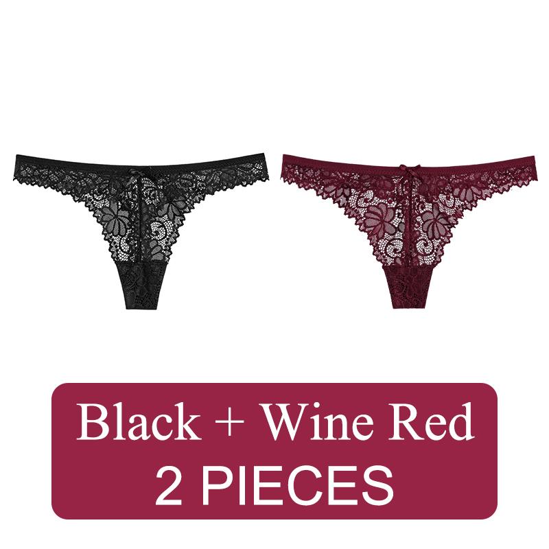 2 Pcs Sexy Lace Thong Low Waist Lace Transparent Panties Women Hollow Out Breathable G String Briefs Bow Underwear Lingerie