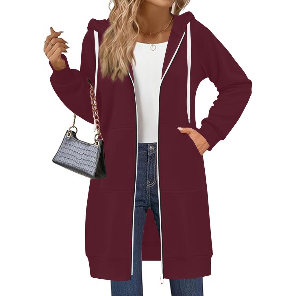 Damen Einfarbig Slim Fit Reißverschluss Rundhals Langarm Locker Kapuzenmantel Mittellang