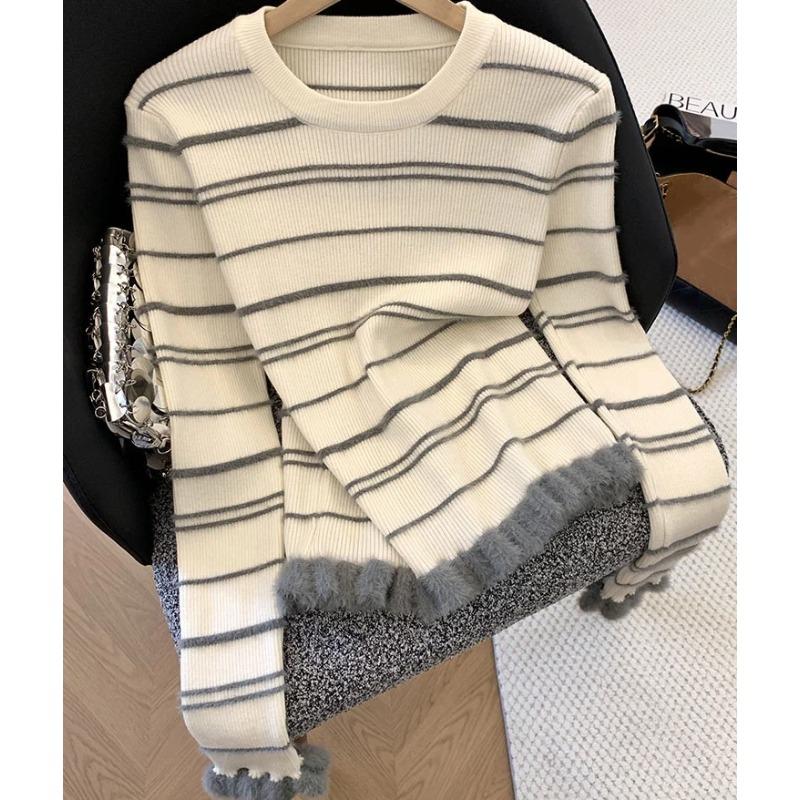 

Women s Striped Knit Sweater with Faux Fur Trim Slim Fit Long Sleeve Pullover OneSize абрикосовий