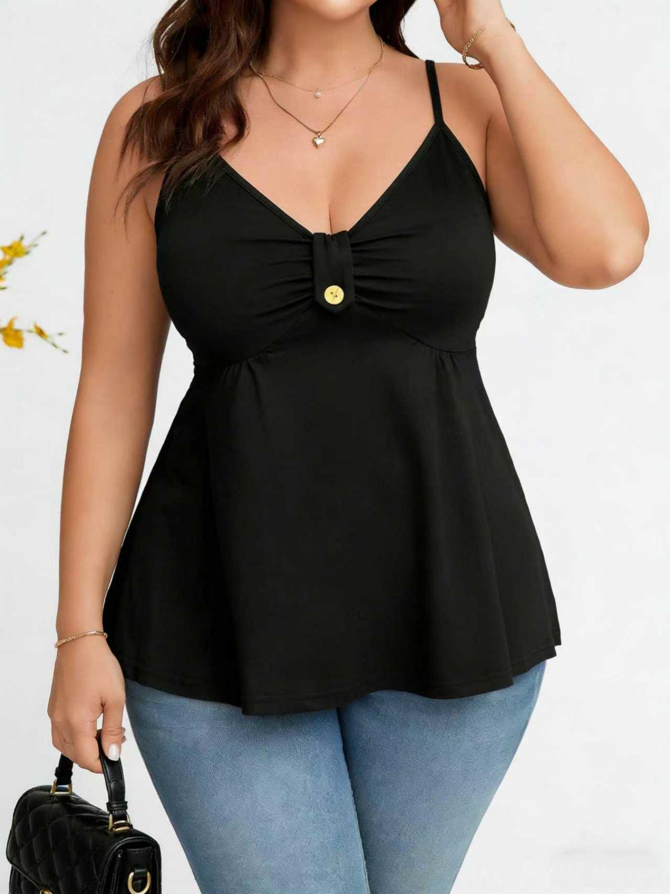 2026 Elegant V-neck Strappy Plus Size Women s Summer Dress - Solid Color 1XL чёрный