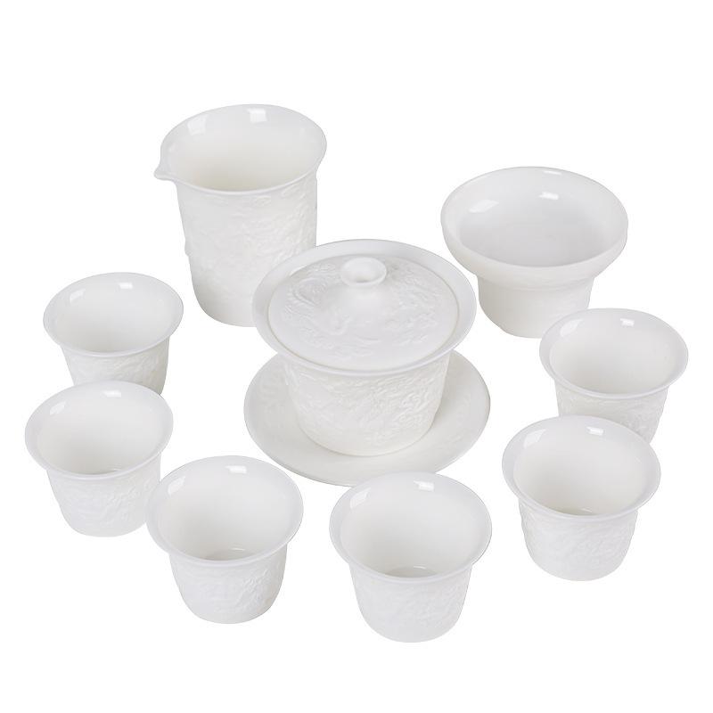 Embossed tea set, simple vegetarian-fired suet jade porcelain Kung Fu tea set, gift box set, six cups for office home gifts