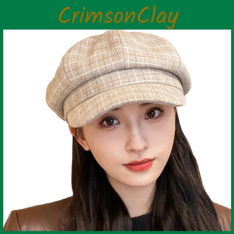 Beret With Retro Grid Printing Design Suitable For Daily Outdoor Dressing
