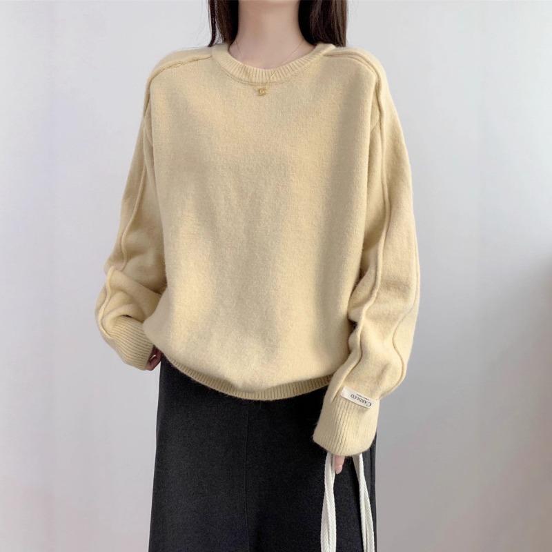 Retro round neck solid color versatile pullover sweater women's autumn and winter new loose and thin knitted sweater top