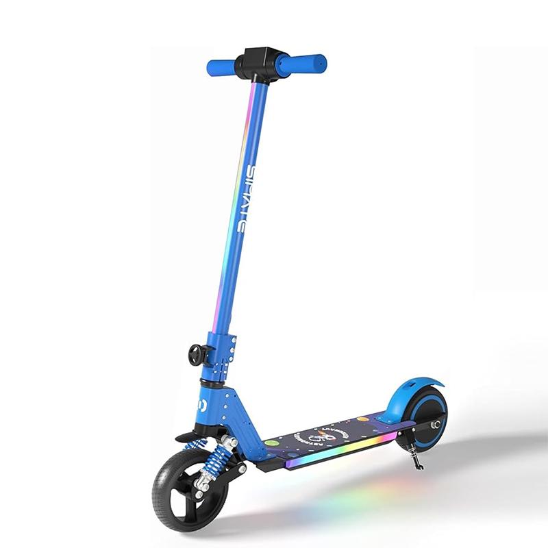 

Электросамокат для детей 6-14 лет, складная конструкция, двигатель 130 Вт, максимальная скорость 8,7 миль в час, запас хода 3-5 миль, цветные светодиодные фонари и дисплей синий