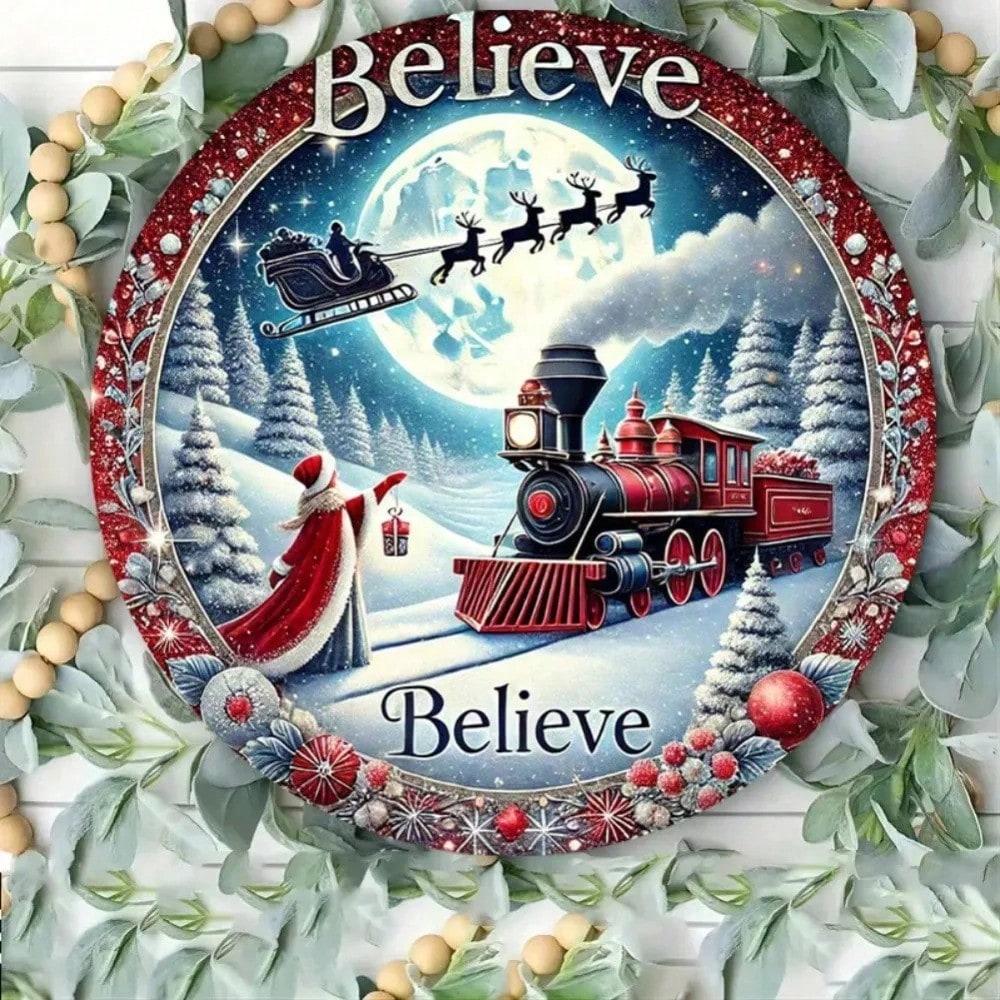 Vintage Metal Tin Sign 8x8 Inch Christmas Train Wreath Wall Decor Retro Holiday Home Art Plaque for Living Room Bar