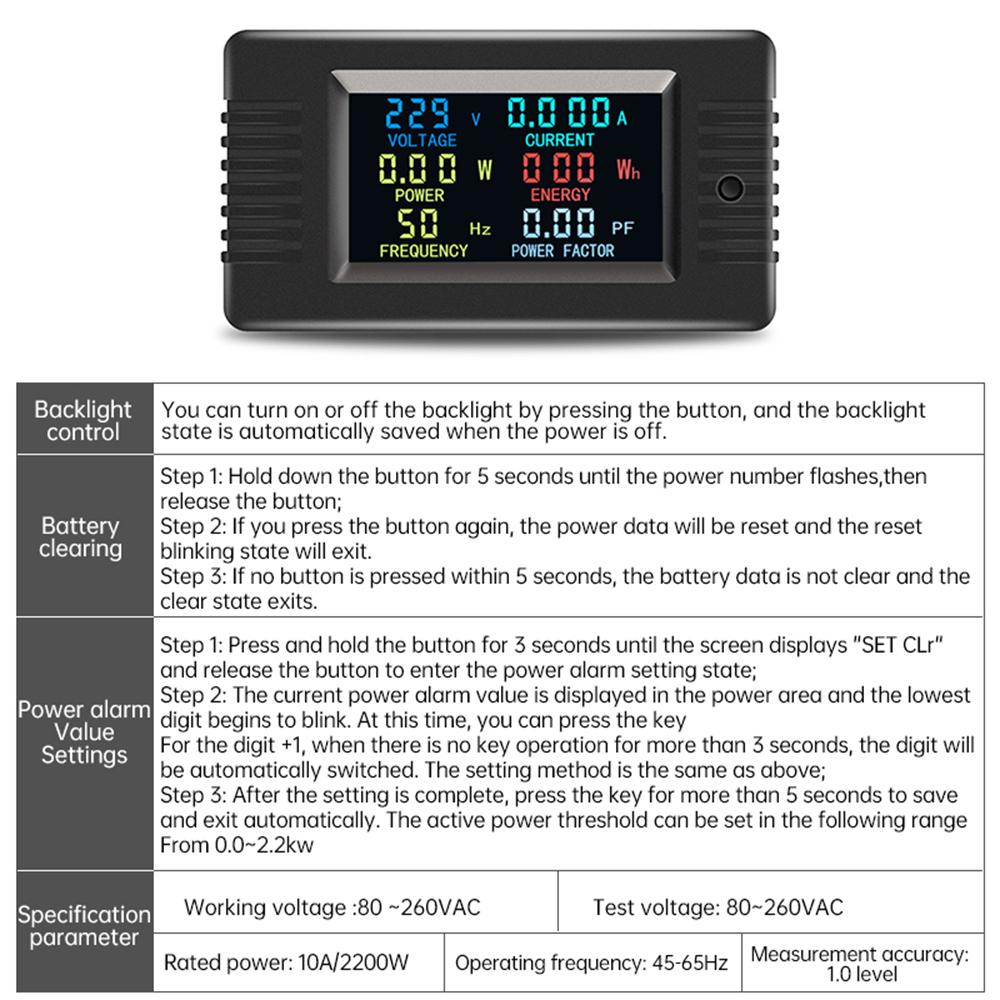 PZEM-020 Wattmeter Power Meter Voltmeter AC 80-260V Voltage 50-60HZ Power Analyzers LCD AC Electricity Meter 10A 2200W Detector