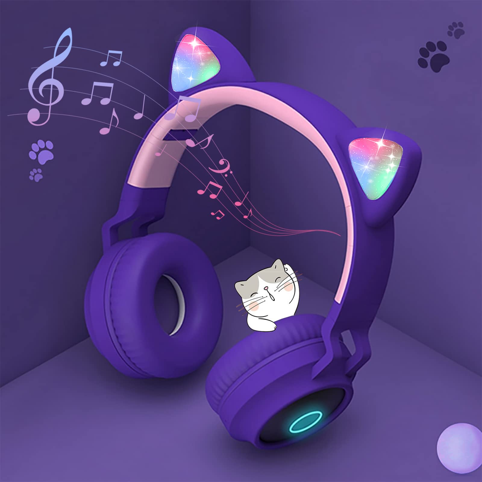 

Cat Ear Wireless Bluetooth Headphones with Bluetooth Headphones for Sparkling Rainbow Color Bluetooth TF Card Adjustable Stereo Headset for Kids and фіолетовий
