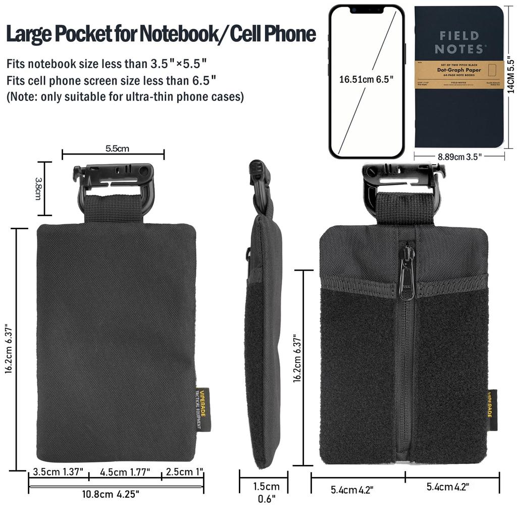 VIPERADE VE24 EDC Minimalist EDC Pocket Pouch with DIY Patch EDC Organizer with 2 Tool Pocket Organizer with Zipper Pocket Pouch, Area, Slots, (Black)
