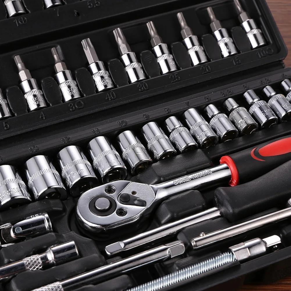 46pcs Hand Tool Set Car Repair Tool Kit 1/4-inch Socket Spanner Screwdriver Set Ratchet Torque Wrench Combo Mechanical Tools Box