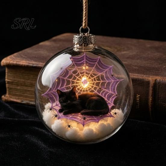 Festive Atmosphere Decoration Halloween Ball Ornament, Light Up Plastic Clear Hanging Spooky Home Decor for Living Room with Cat/Skeleton/Bat