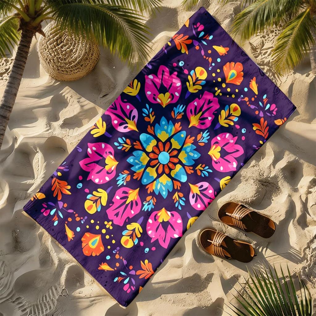 Brightly symmetrical mandala pattern polyester microfiber beach towel is highly absorbent, suitable swimming and beach outings