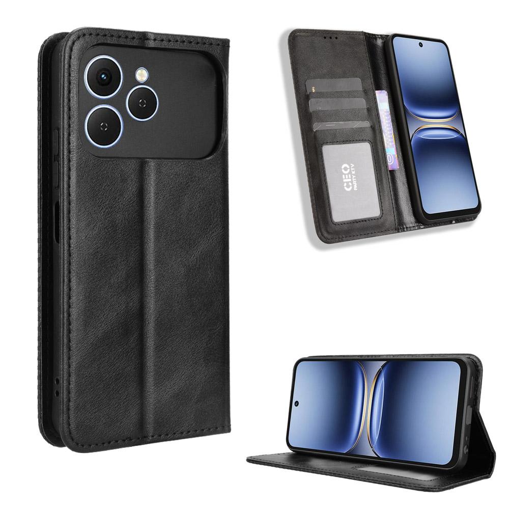 

For TECNO Spark 40 4G Leather Case Wallet Stand Retro Texture Phone Cover Black