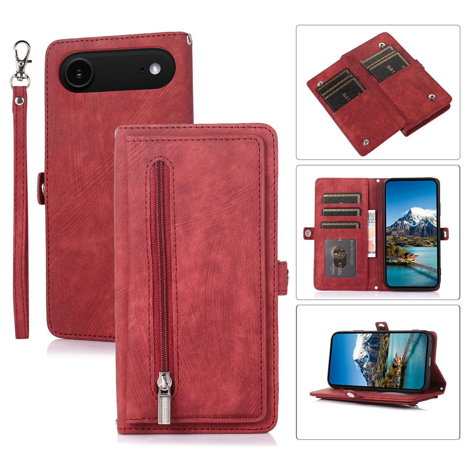 

For iPhone 17 Air Case Zipper Pocket 9 Card Slots PU Leather Phone Cover with Wrist Strap Red