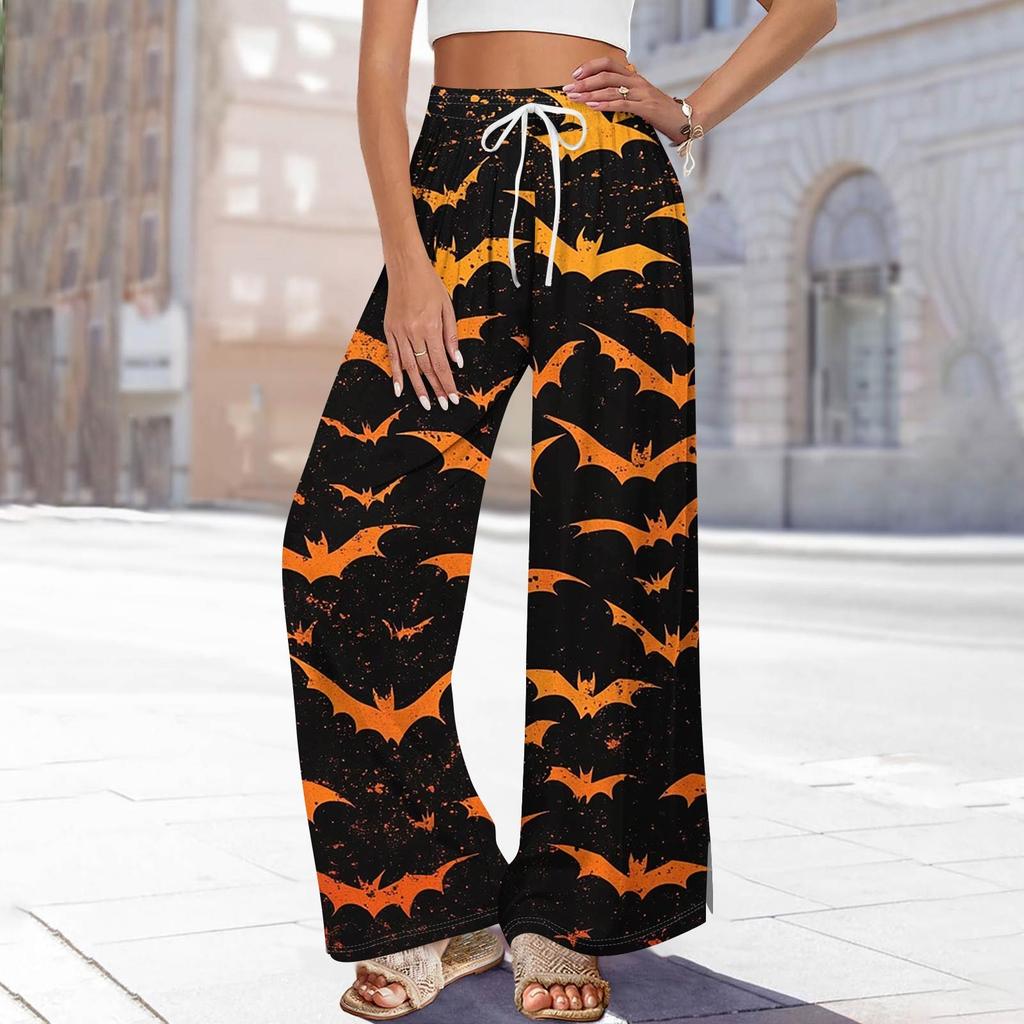 Women's Printed Wide Leg Pants With Pockets High Waist Drawstring Loose Casual Pants