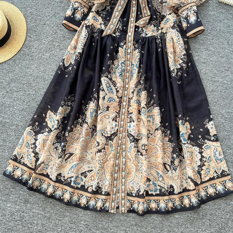 Elegant Vintage Palace Evening Dress Women Long Party Dress Spring France Print Sashes Tying Luxury Festival Clothing New Female