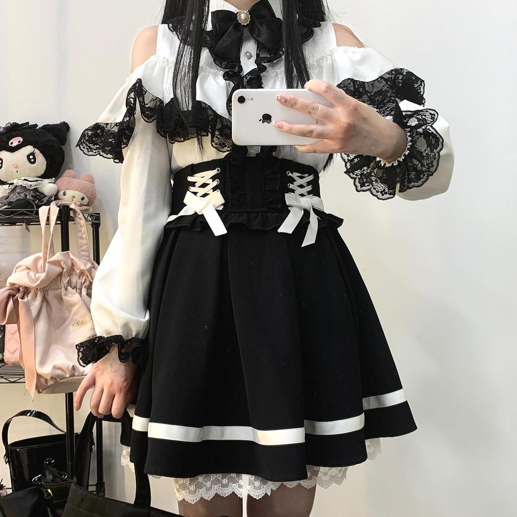 Cute Removable Long French Student White [XHSUKADO] Open-Shoulder Blouse, Mass-Produced Style, Women's, 2-Layer Lace, Ruffles, Ribbon, Pearl, Sleeve,