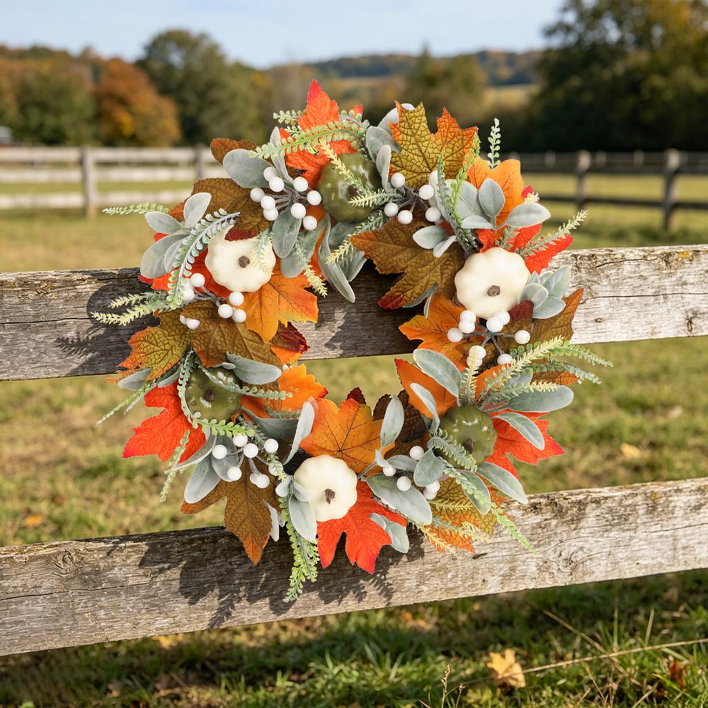 Artificial Pumpkin and Leaf Wreath 40/45cm Fall Harvest Decorative Door Wreath with Faux Berries and Foliage for Seasonal Home Decor