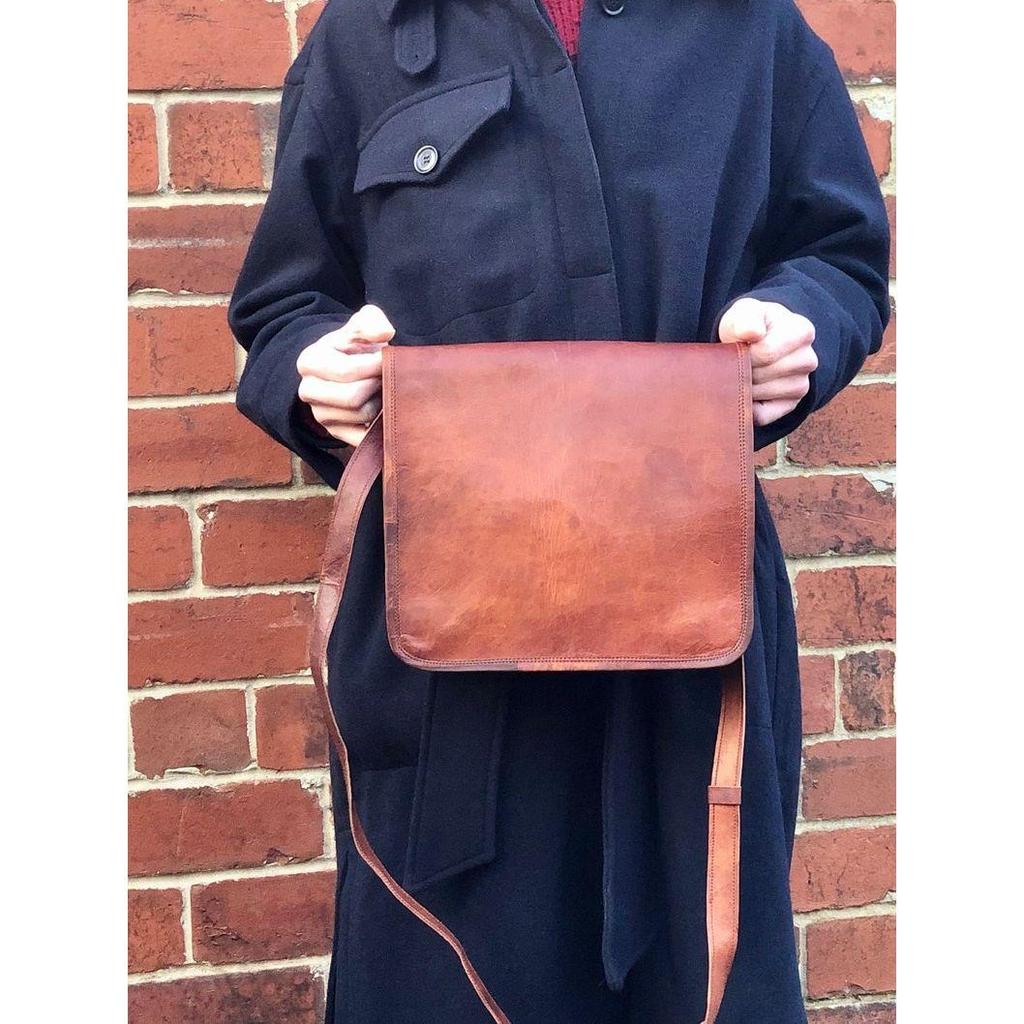 Plain Brown Leather Messenger Bag, Holiday Bag, 11”x9” Rustic Leather Man Bag, Crossbody Bag, Shoulder Bag for iPad, Stylish Bag for Him